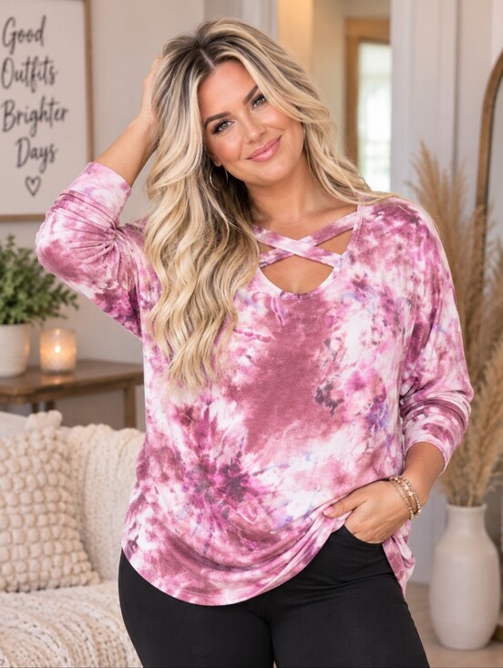 Sweet Lovely By Jen Tops - ❤️5/$25 Sweet Lovely By Jen Maroon Tie-Dye Crisscross Neck Top